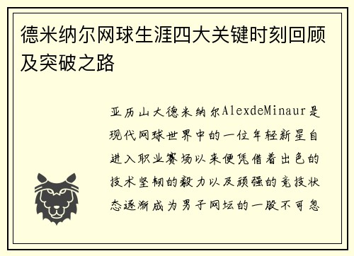 德米纳尔网球生涯四大关键时刻回顾及突破之路