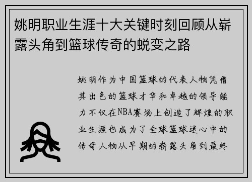 姚明职业生涯十大关键时刻回顾从崭露头角到篮球传奇的蜕变之路