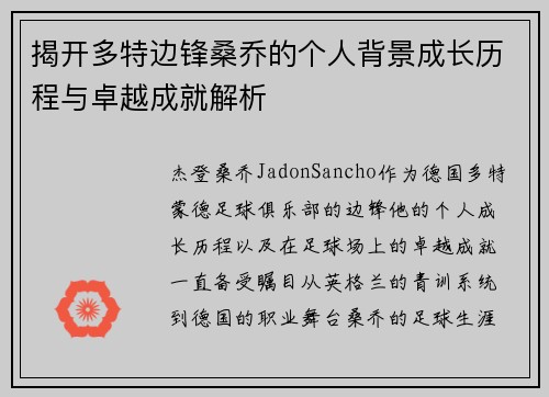 揭开多特边锋桑乔的个人背景成长历程与卓越成就解析