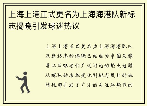 上海上港正式更名为上海海港队新标志揭晓引发球迷热议