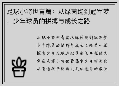 足球小将世青篇：从绿茵场到冠军梦，少年球员的拼搏与成长之路